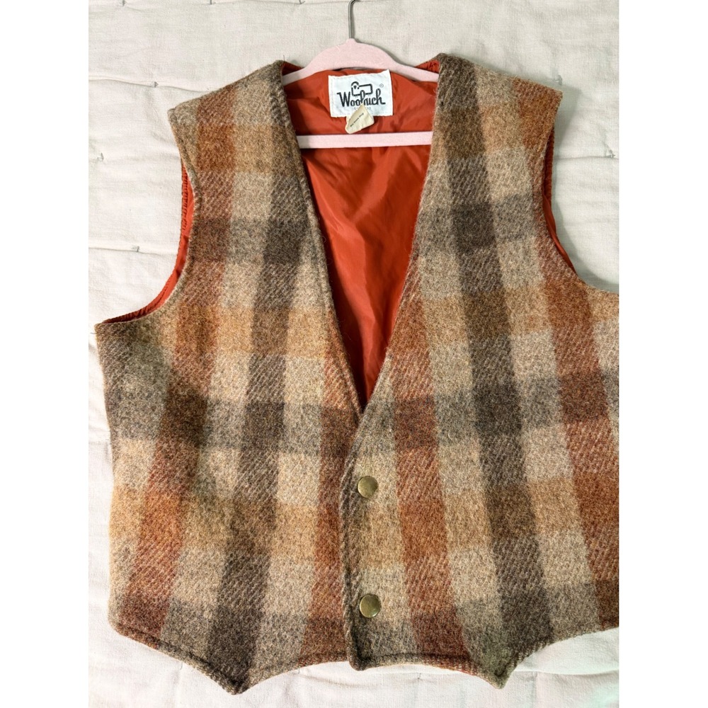 Woolrich VTG Plaid Wool Blend Vest Brown Tan Rust Snap Front Kids Medium